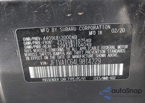 2020 Subaru Wrx Premium from USA, damaged, VIN JF1VA1C64L9814229